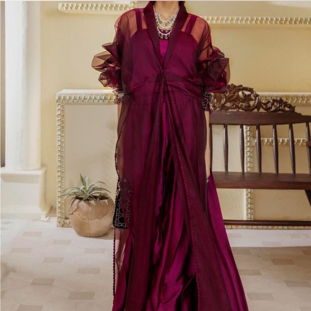 Elegant Burgundy Sheer Overlay Dress